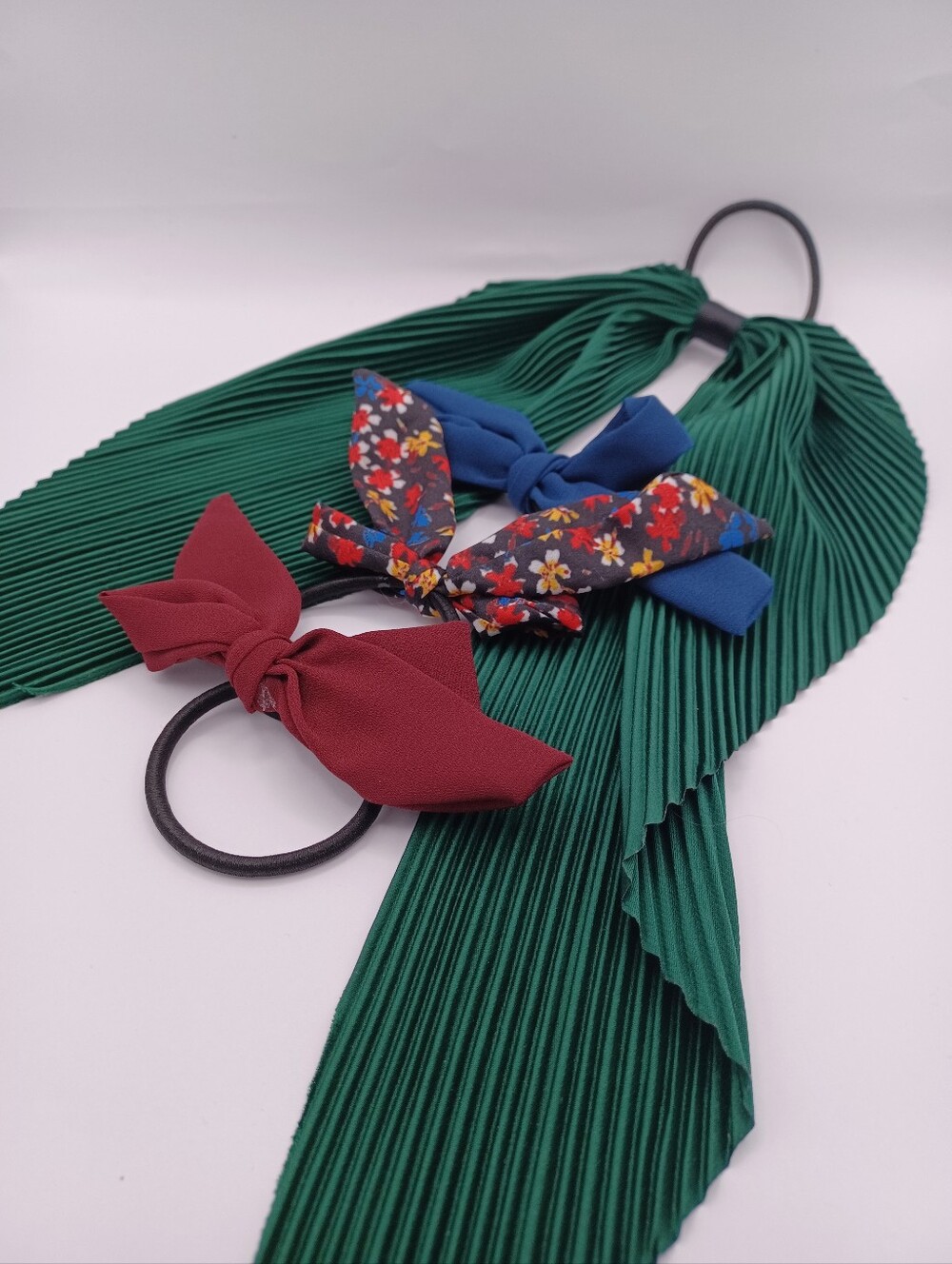 Women’s Bow Hair Tie Set - Green, Burgundy, Blue & Floral